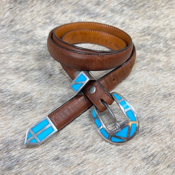 Vintage Pat Areias Sterling Silver Inlayed Turquoise Belt Buckle Set - Picture 3 of 7